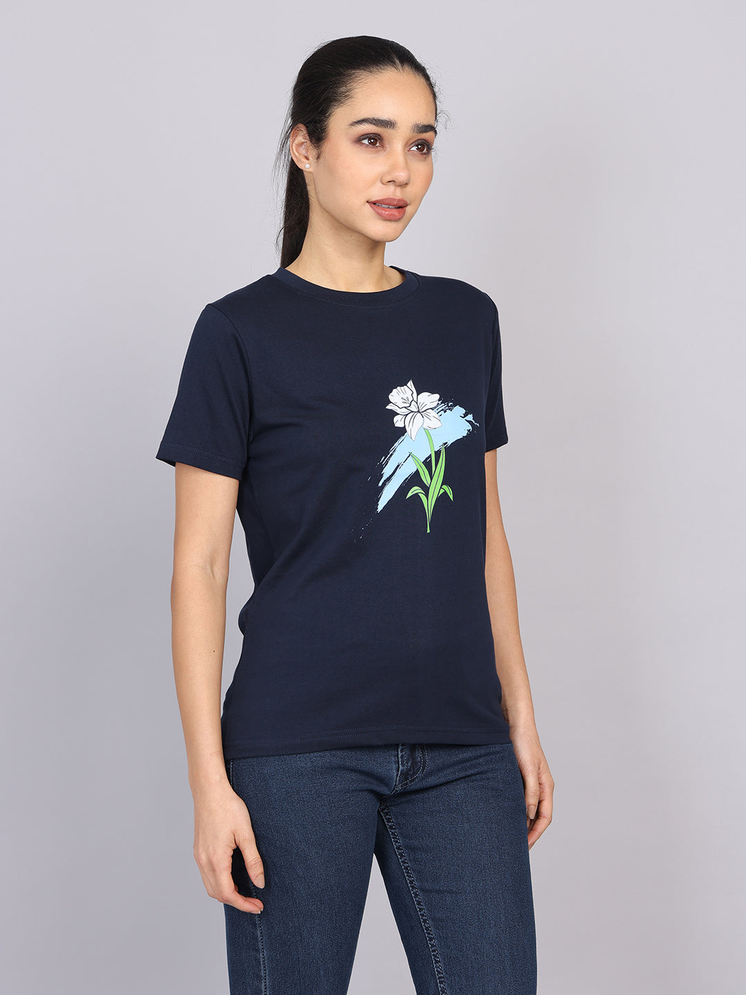 Women’s Navy Round Neck Chest Print T-Shirt