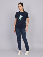 Women’s Navy Round Neck Chest Print T-Shirt