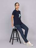 Women’s Navy Round Neck Chest Print T-Shirt