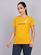 Women’s Mustard Round Neck Chest Print T-Shirt