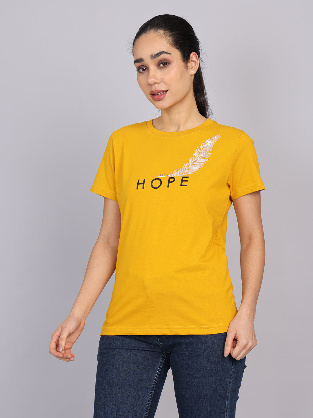 Women’s Mustard Round Neck Chest Print T-Shirt