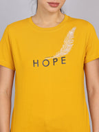 Women’s Mustard Round Neck Chest Print T-Shirt