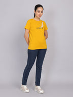 Women’s Mustard Round Neck Chest Print T-Shirt