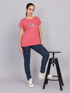 Women’s Dark Peach Dolman Sleeve Chest Print T-Shirt