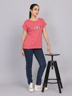 Women’s Dark Peach Dolman Sleeve Chest Print T-Shirt