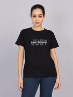 Women’s Black Round Neck Chest Print T-Shirt