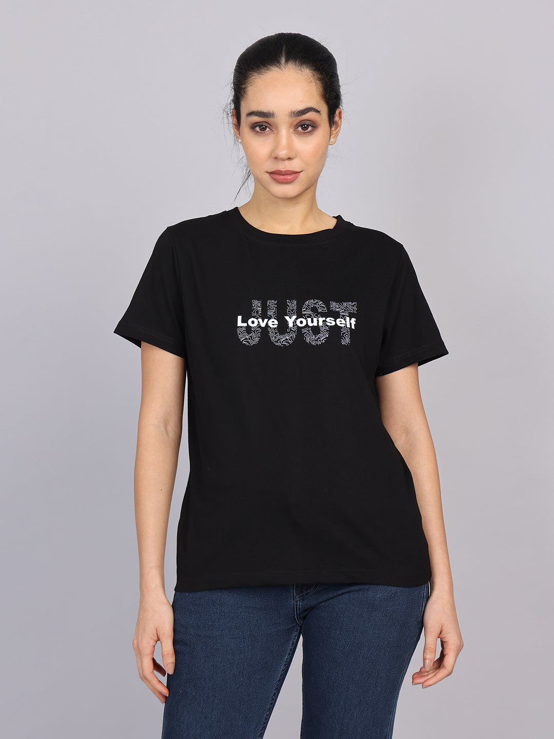 Women’s Black Round Neck Chest Print T-Shirt
