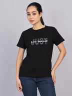 Women’s Black Round Neck Chest Print T-Shirt