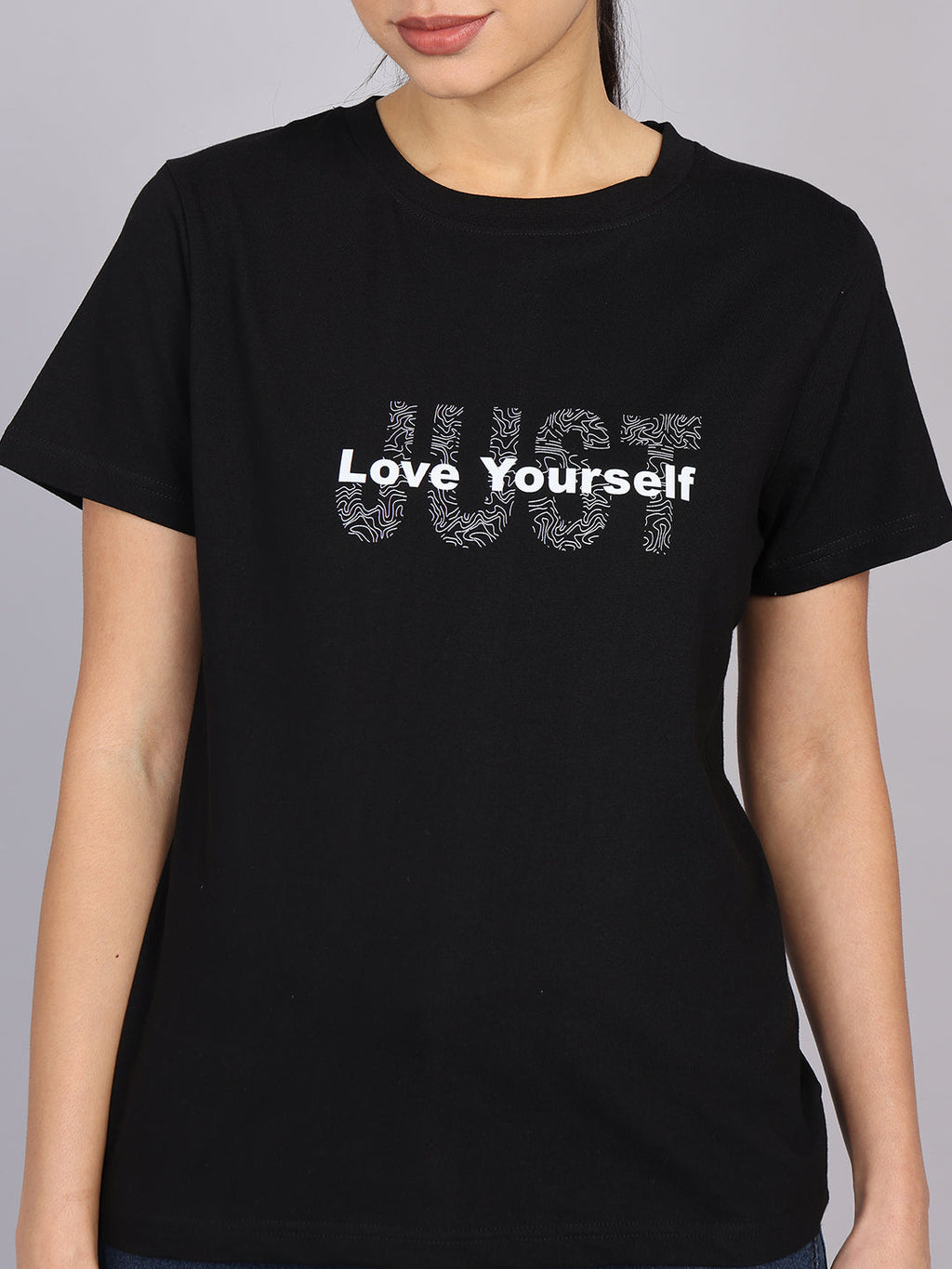 Women’s Black Round Neck Chest Print T-Shirt