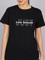 Women’s Black Round Neck Chest Print T-Shirt
