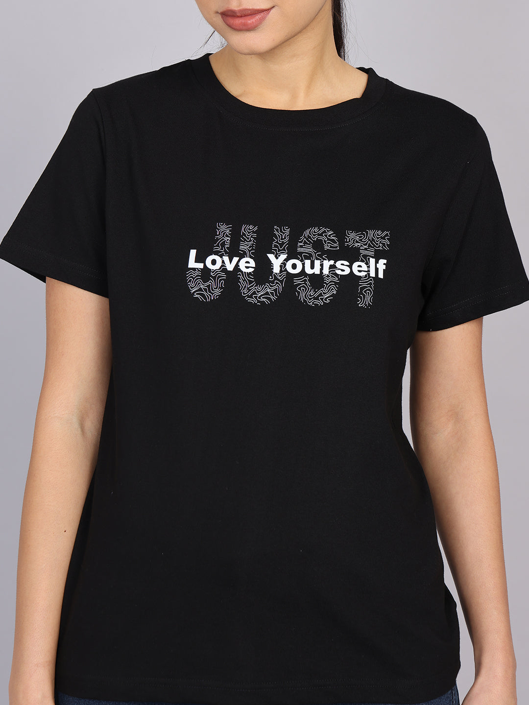 Women’s Black Round Neck Chest Print T-Shirt