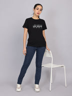 Women’s Black Round Neck Chest Print T-Shirt