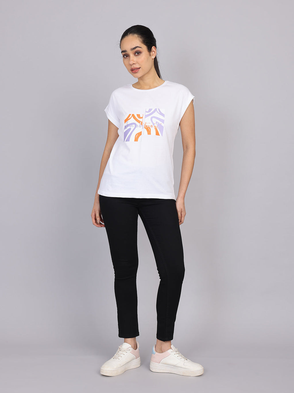 Women’s White Dolman Sleeve Chest Print T-Shirt