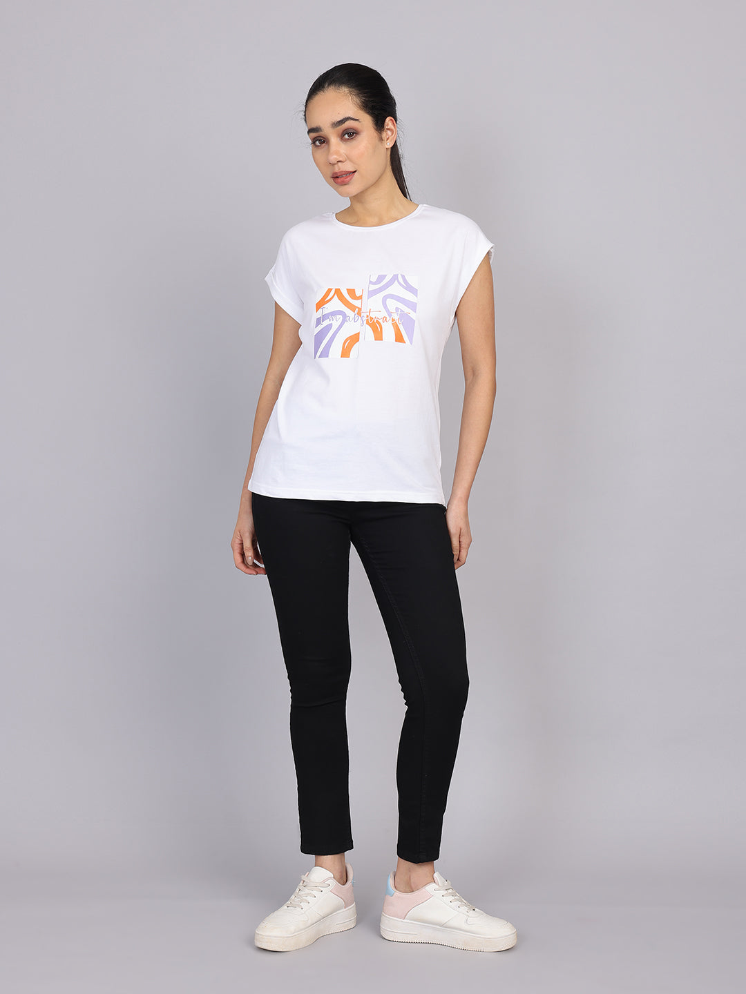Women’s White Dolman Sleeve Chest Print T-Shirt