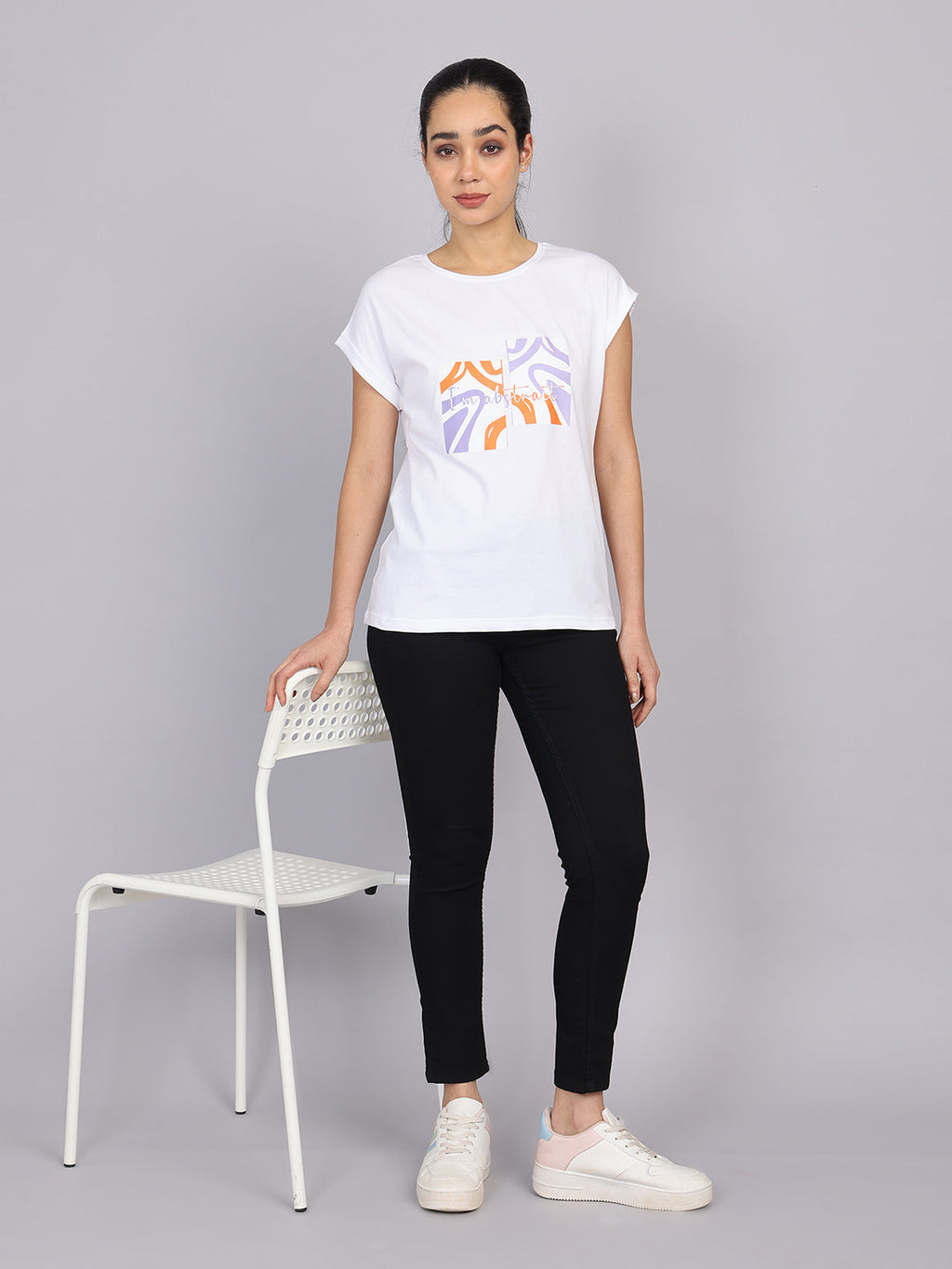 Women’s White Dolman Sleeve Chest Print T-Shirt