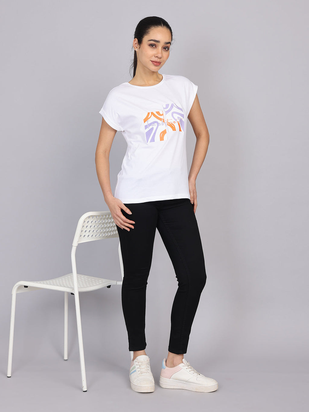 Women’s White Dolman Sleeve Chest Print T-Shirt