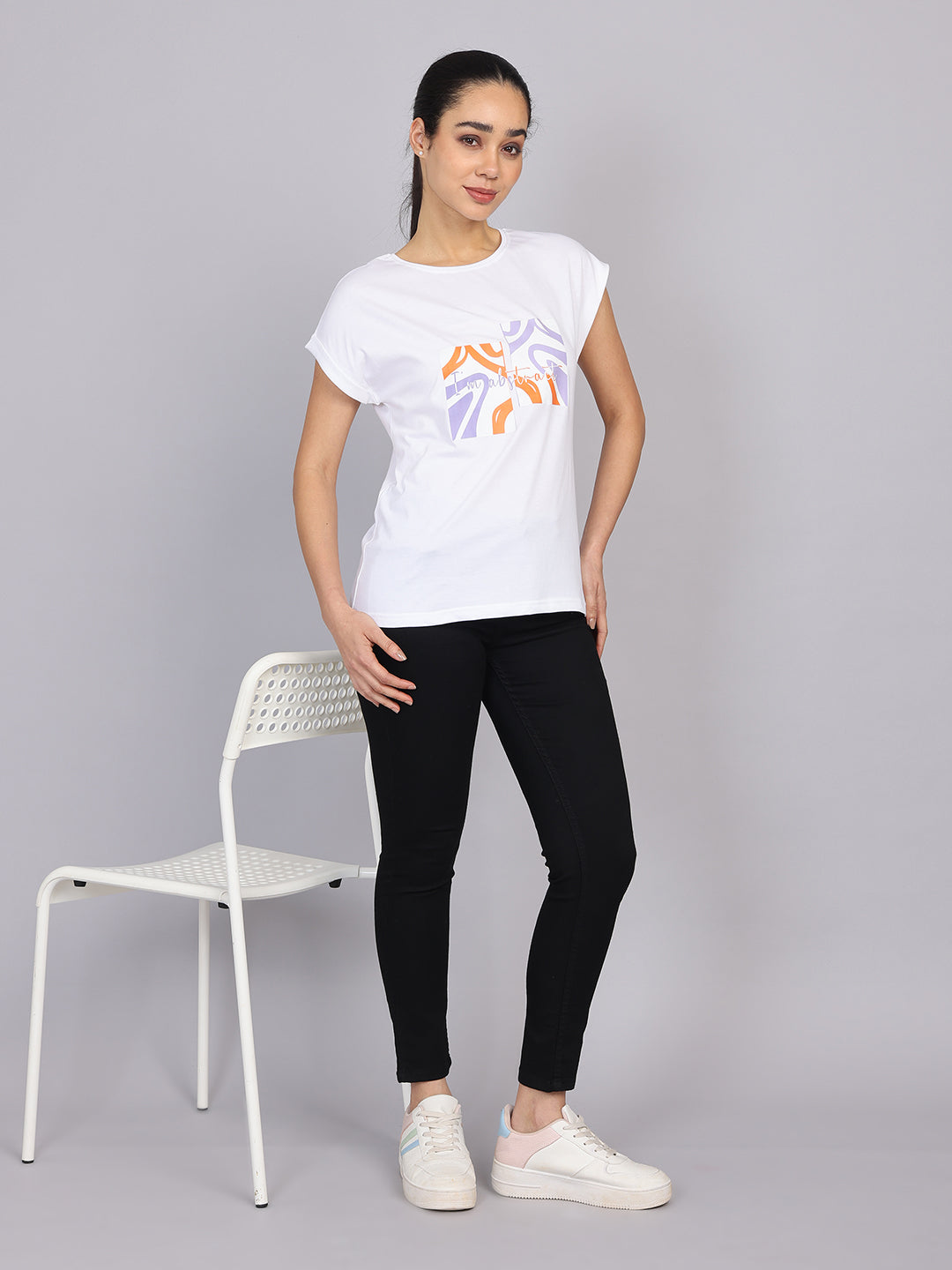 Women’s White Dolman Sleeve Chest Print T-Shirt
