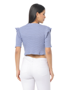 Women's Blue Striped Crop Top, Short Sleeve