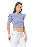 Women's Blue Striped Crop Top, Short Sleeve