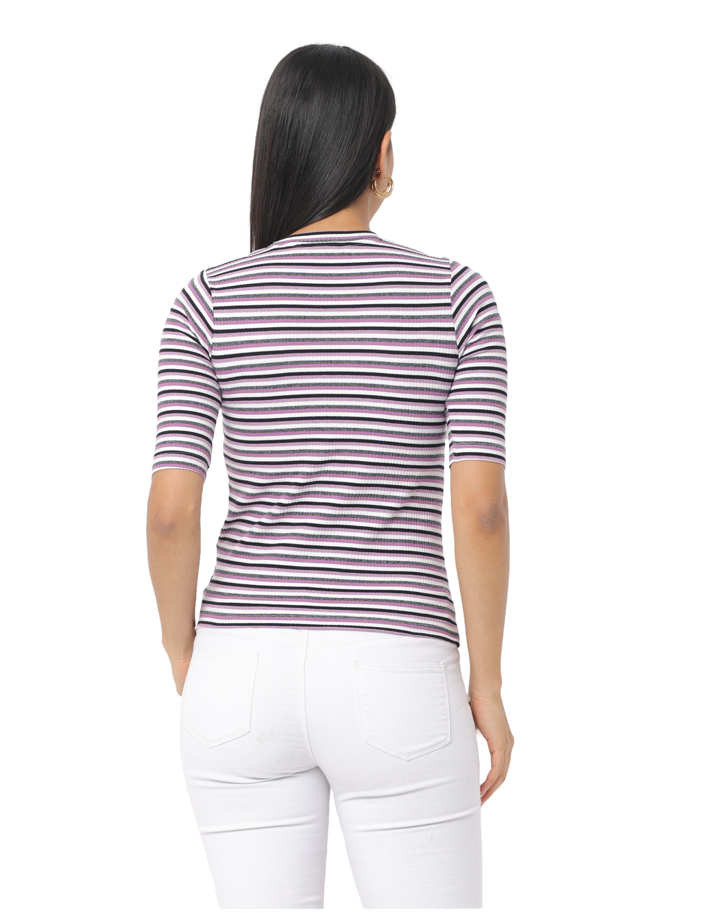 Women's Purple Striped Short Sleeve Crop T-Shirt
