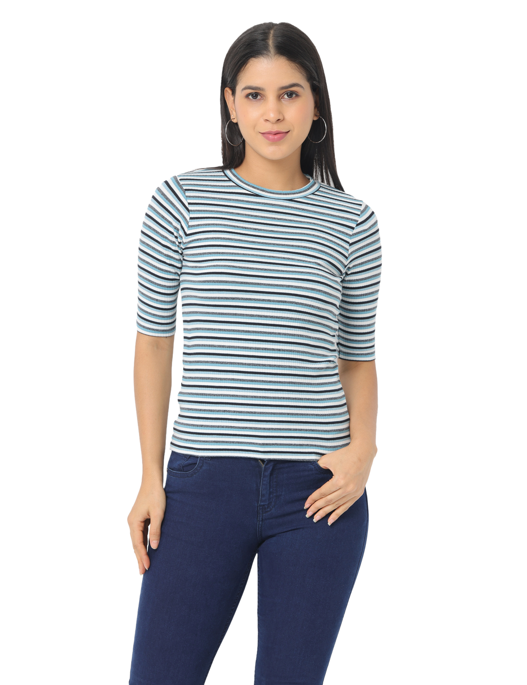 Women's Blue Striped Short Sleeve, Crop T-Shirt