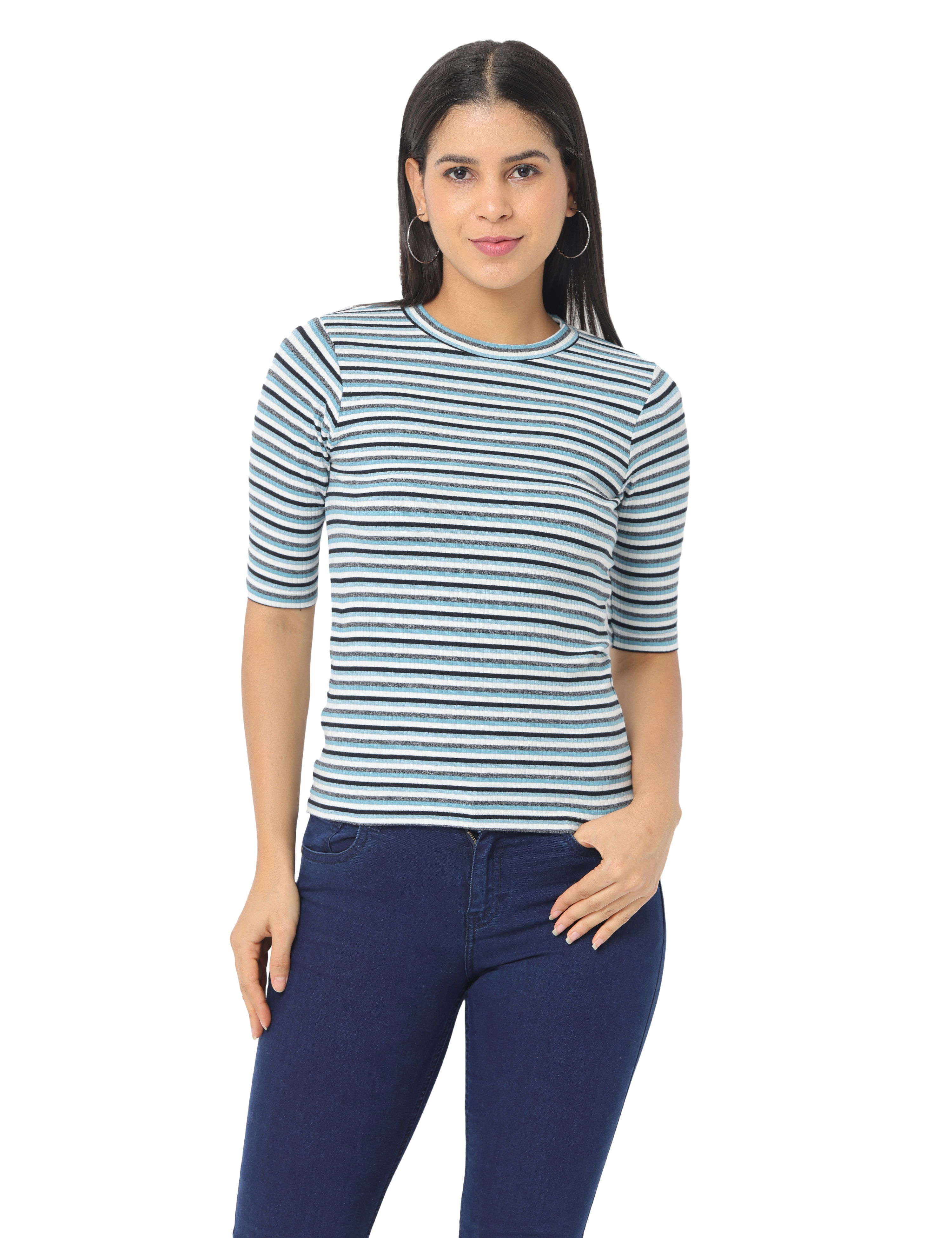 Women's Blue Striped Short Sleeve, Crop T-Shirt