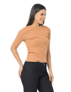 Women's Short Sleeve Brown T-Shirt, Crew Neck
