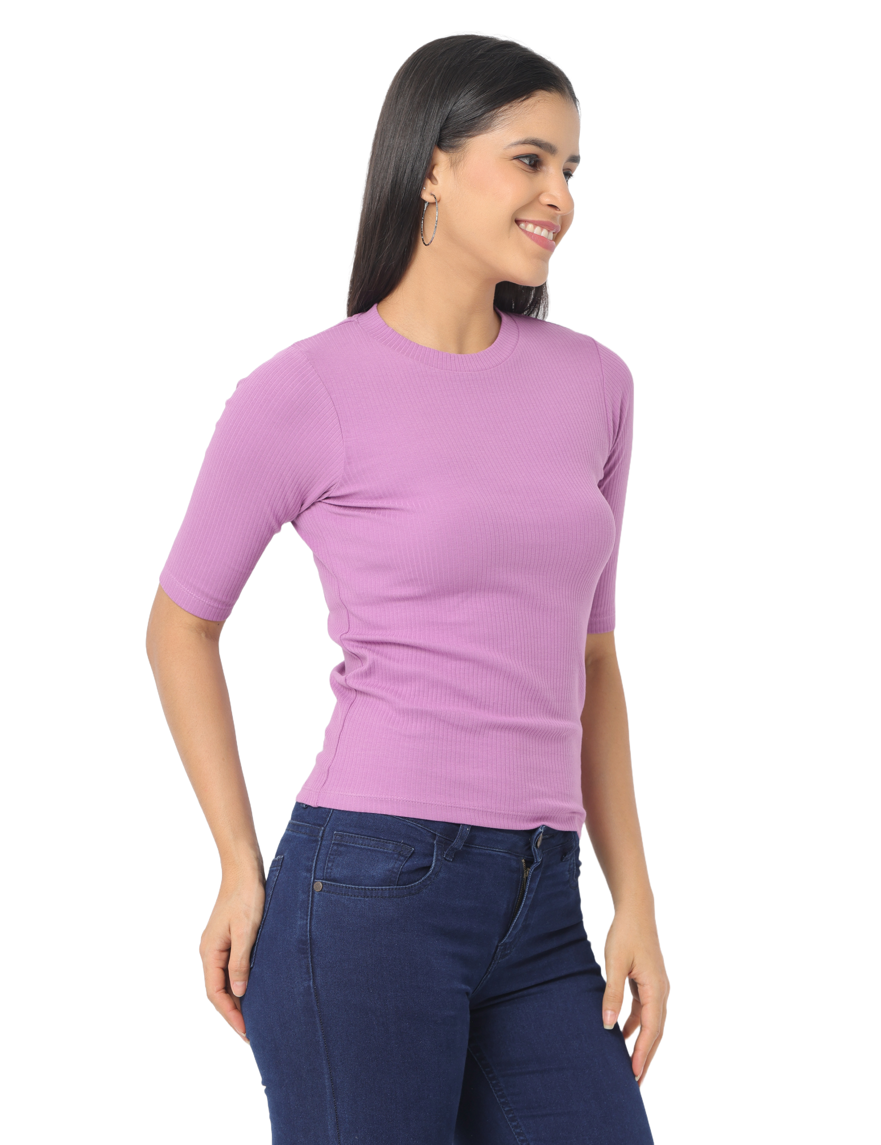 Women's Cropped, Short Sleeve Round T-Shirt in Purple
