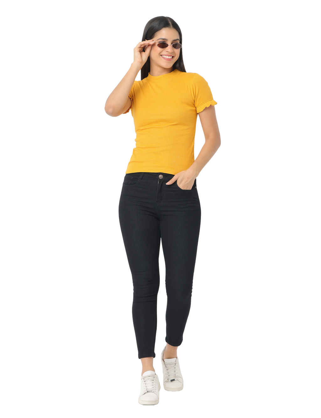 Women's Short Sleeve Crop T-Shirt with Ruffle Sleeves, Mustard Yellow