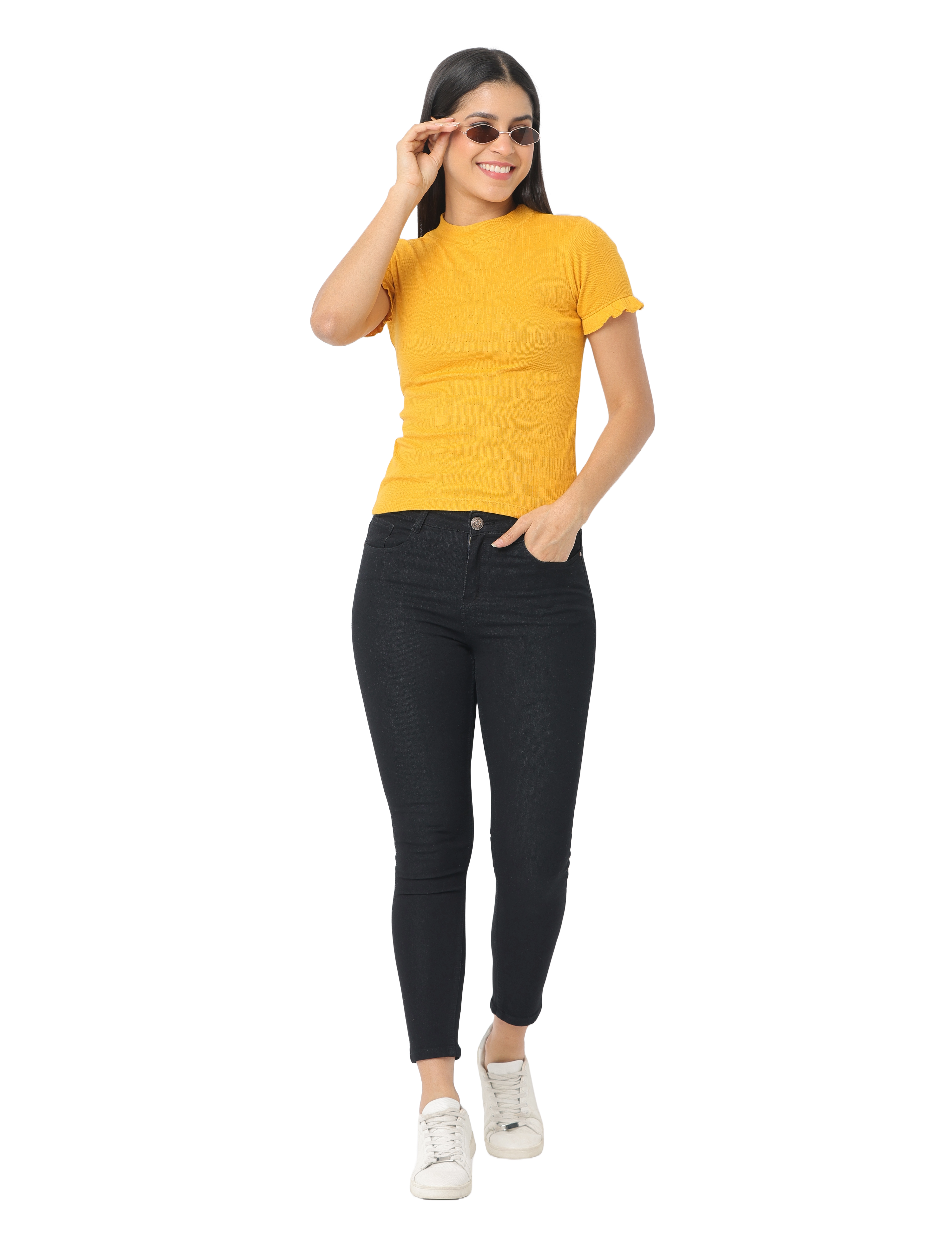 Women's Short Sleeve Crop T-Shirt with Ruffle Sleeves, Mustard Yellow