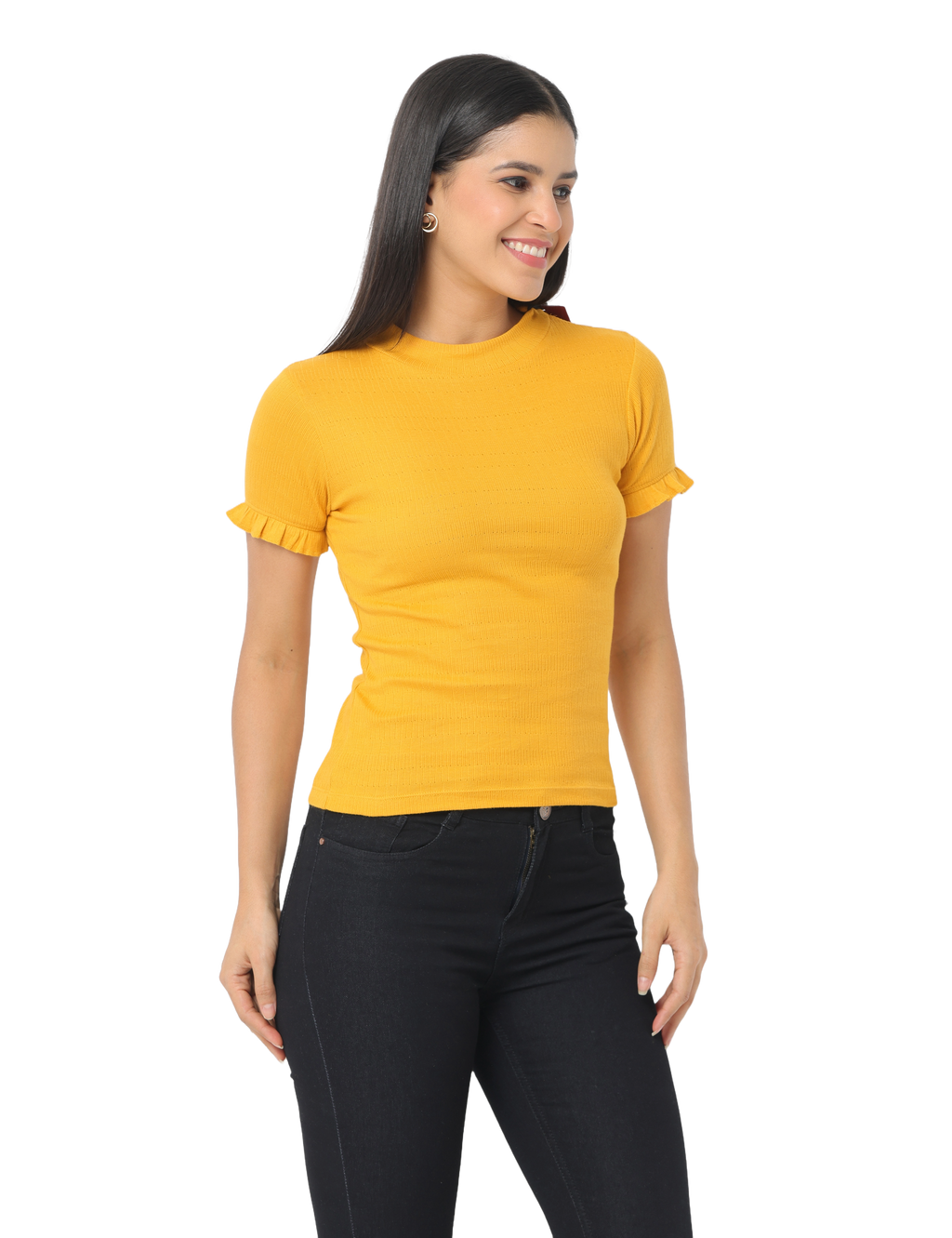 Women's Short Sleeve Crop T-Shirt with Ruffle Sleeves, Mustard Yellow