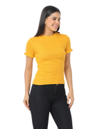 Women's Short Sleeve Crop T-Shirt with Ruffle Sleeves, Mustard Yellow