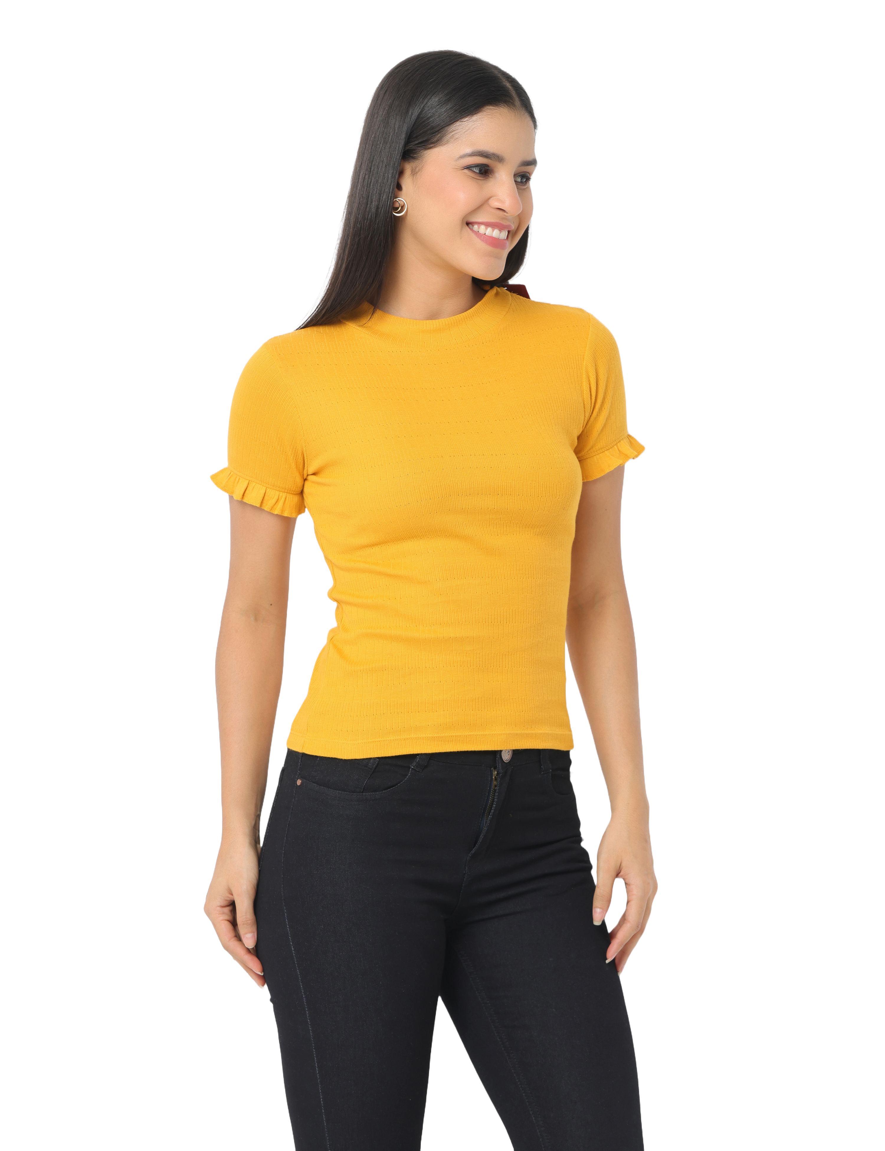 Women's Short Sleeve Crop T-Shirt with Ruffle Sleeves, Mustard Yellow