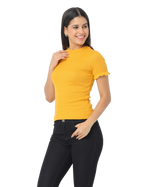 Women's Short Sleeve Crop T-Shirt with Ruffle Sleeves, Mustard Yellow