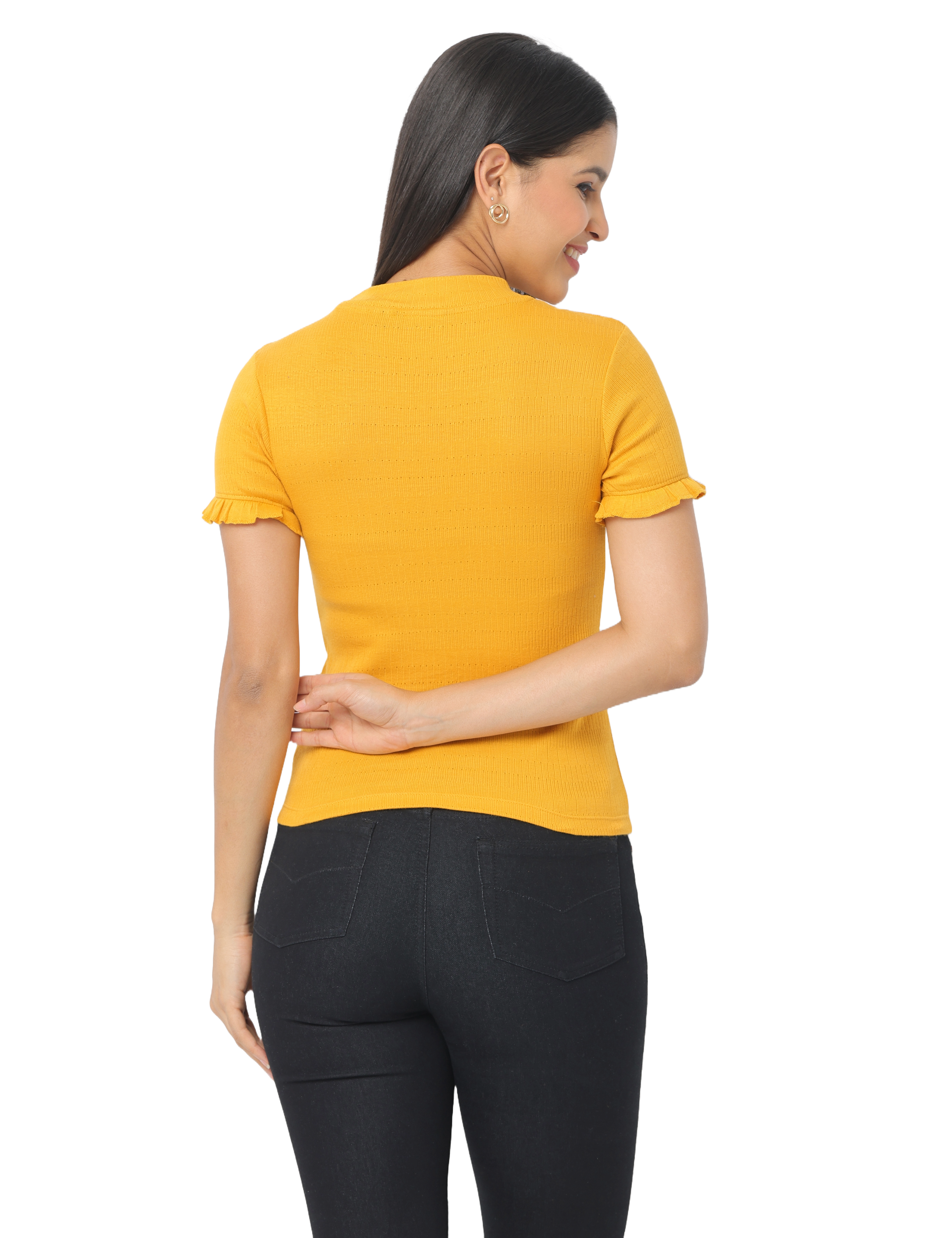 Women's Short Sleeve Crop T-Shirt with Ruffle Sleeves, Mustard Yellow