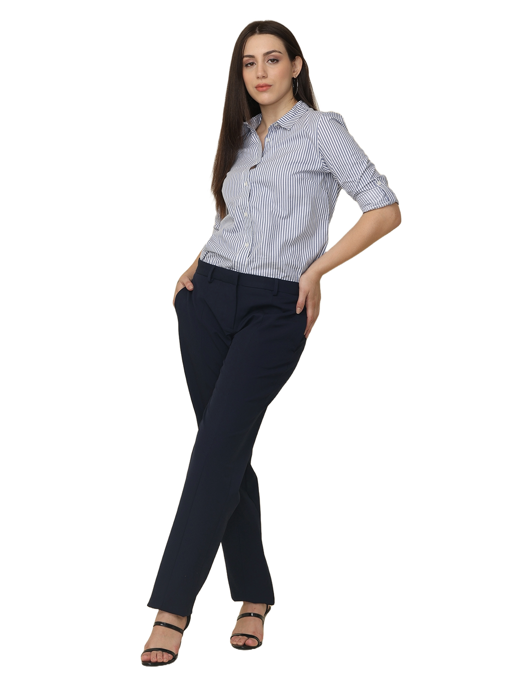 Women's Pleated Solid Formal Trouser, Navy Blue