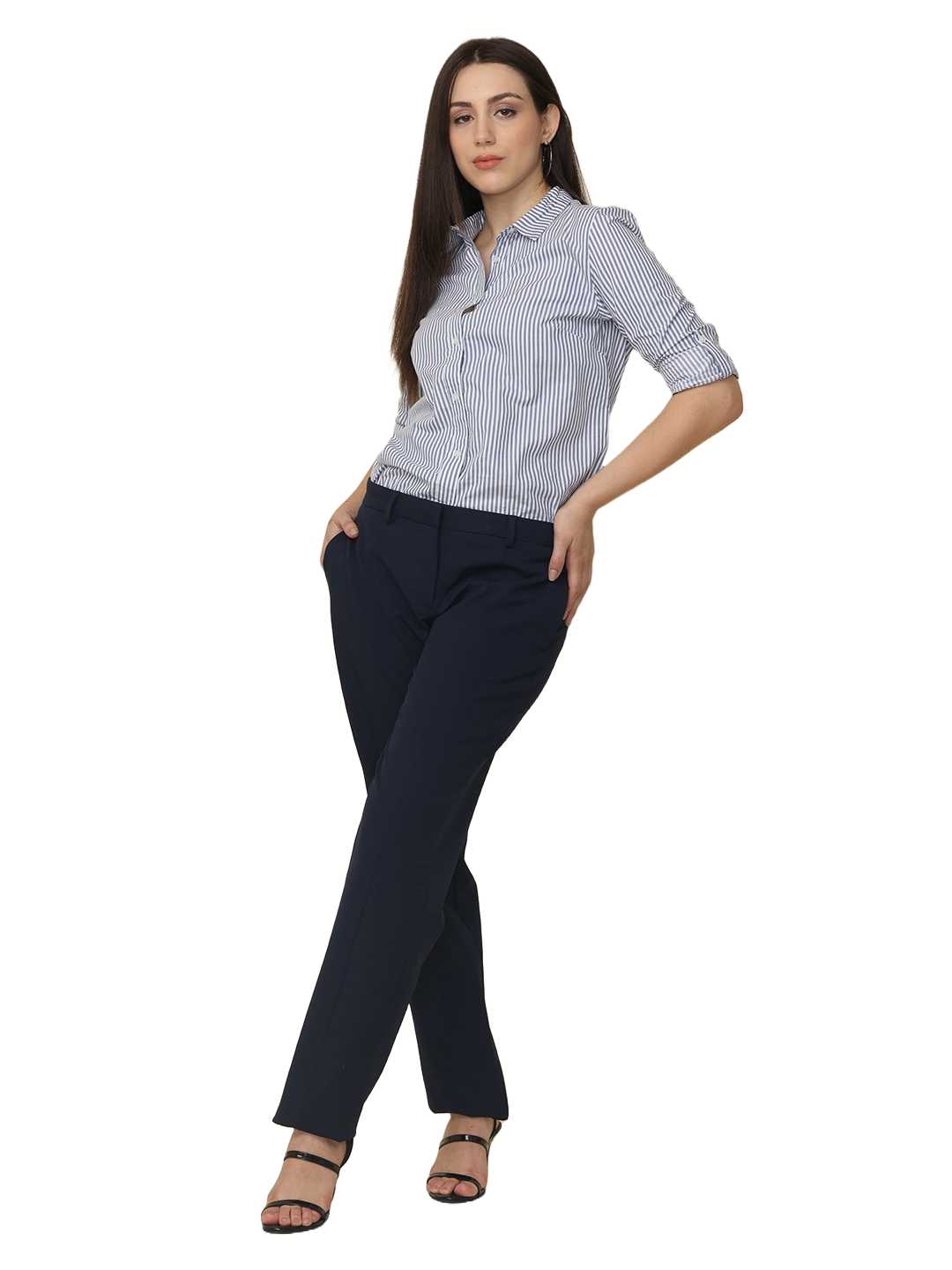 Women's Pleated Solid Formal Trouser, Navy Blue