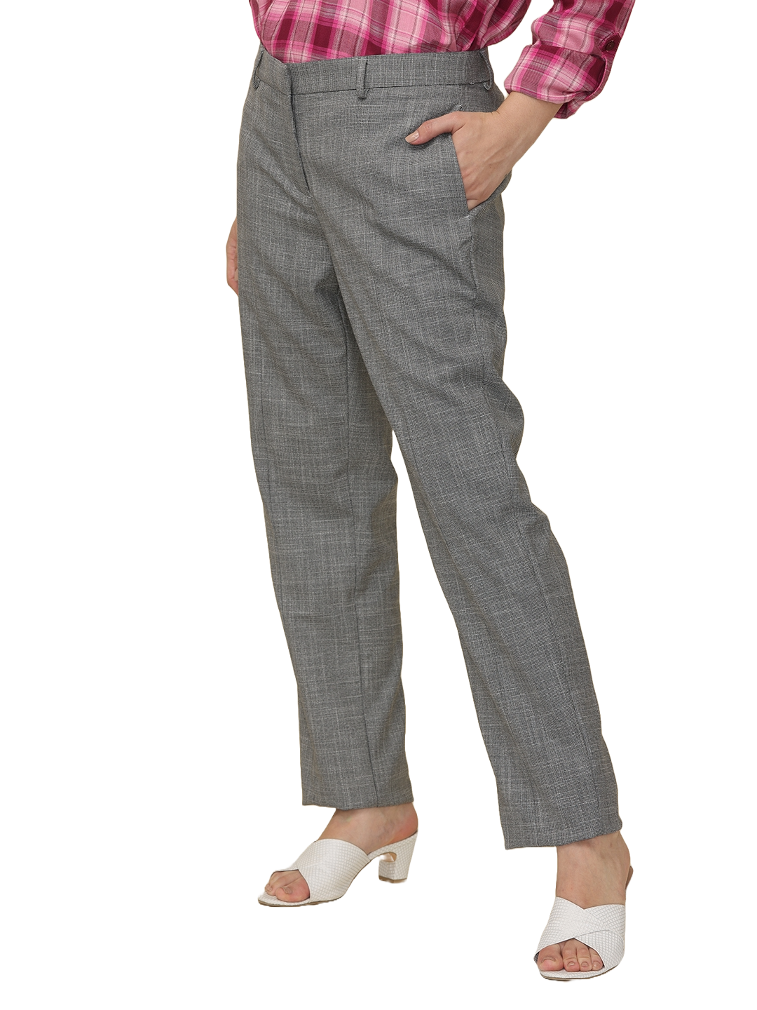 Women's Pleated Solid Formal Trouser, Grey Dobby