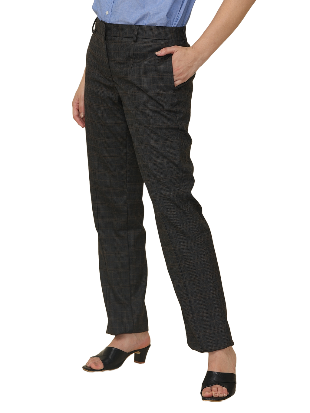 Women's Pleated Solid Formal Trouser, Black and Brown Checkered