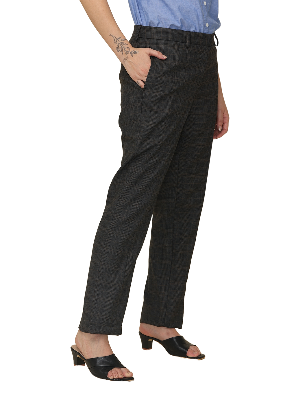 Women's Pleated Solid Formal Trouser, Black and Brown Checkered