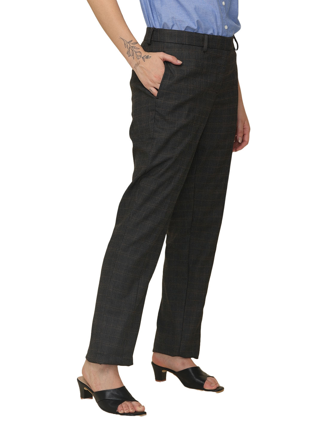Women's Pleated Solid Formal Trouser, Black and Brown Checkered