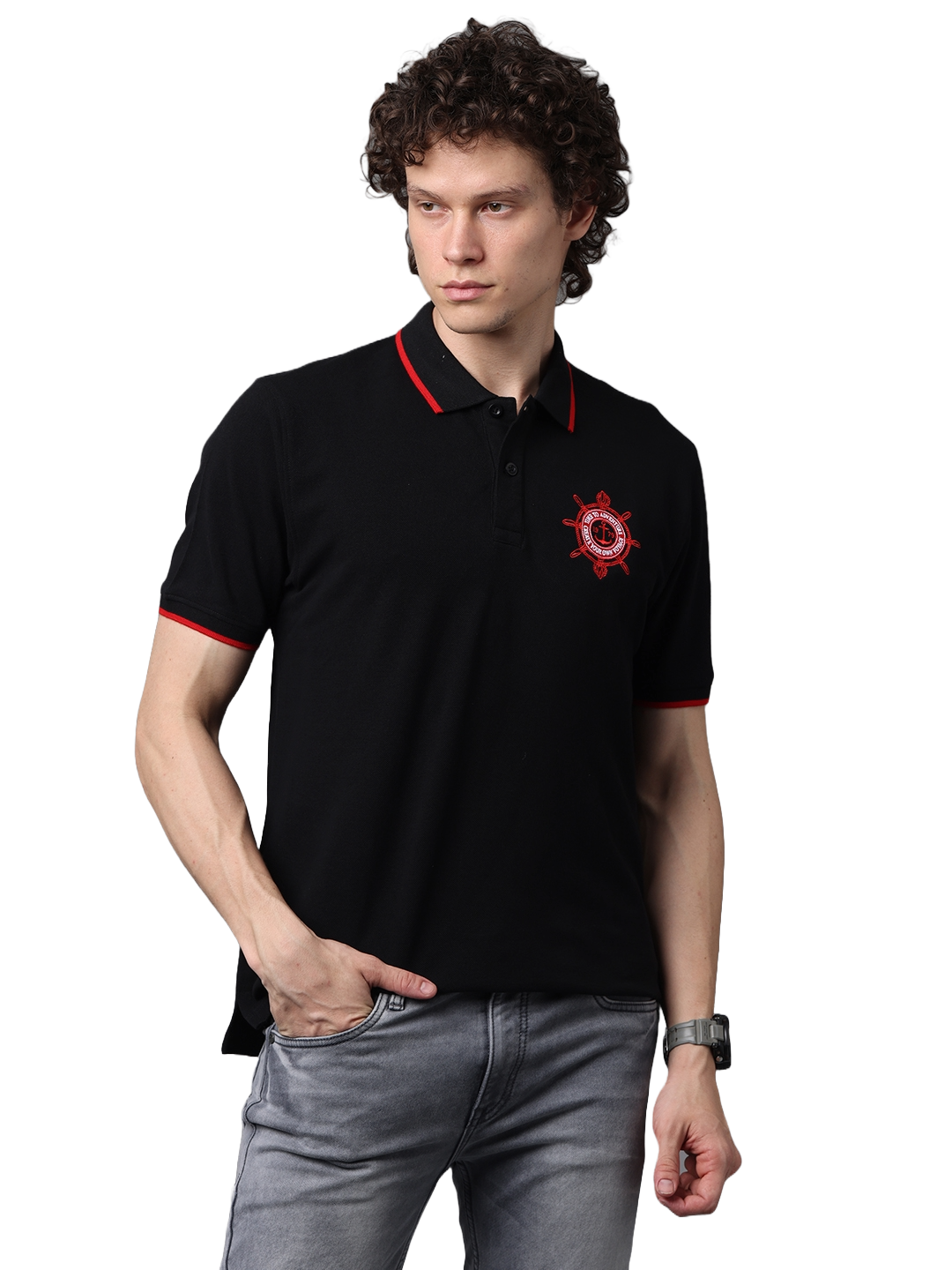 Men's Classic Black with Red Contrast Half Sleeves Polo T-Shirt