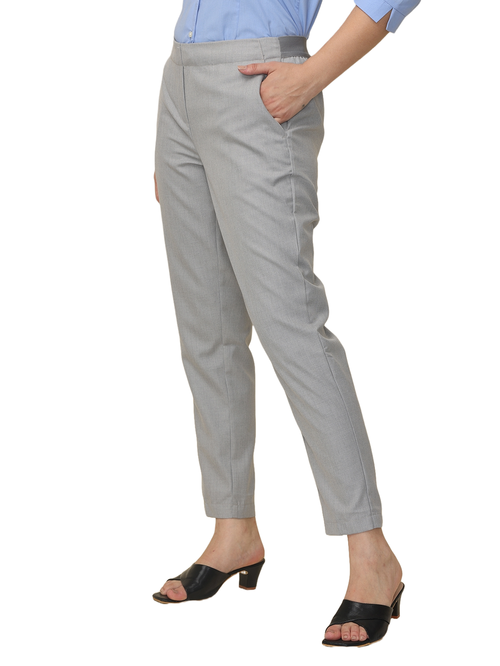 Women's Grey Checked Elasticated Slim Fit Formal Trouser