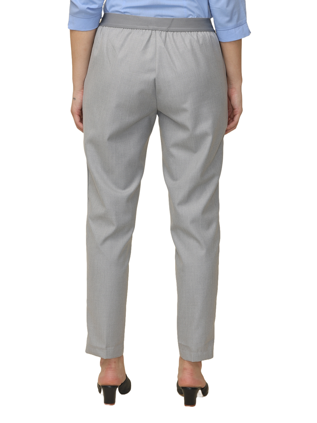 Women's Grey Checked Elasticated Slim Fit Formal Trouser