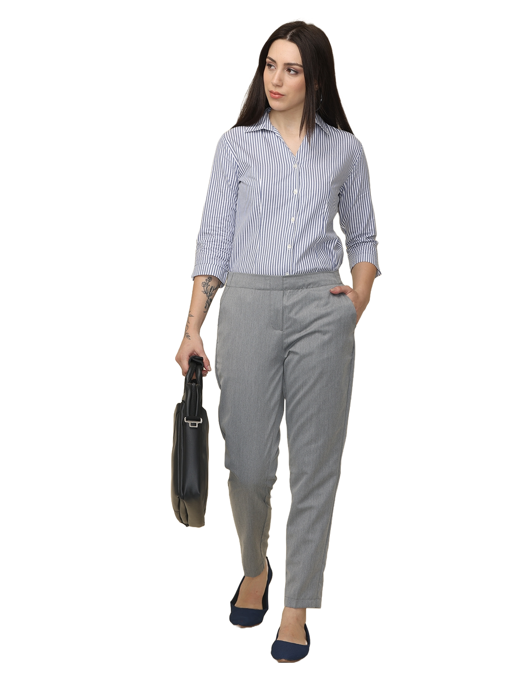 Women's Solid Grey Elasticated Slim Fit Formal Trouser