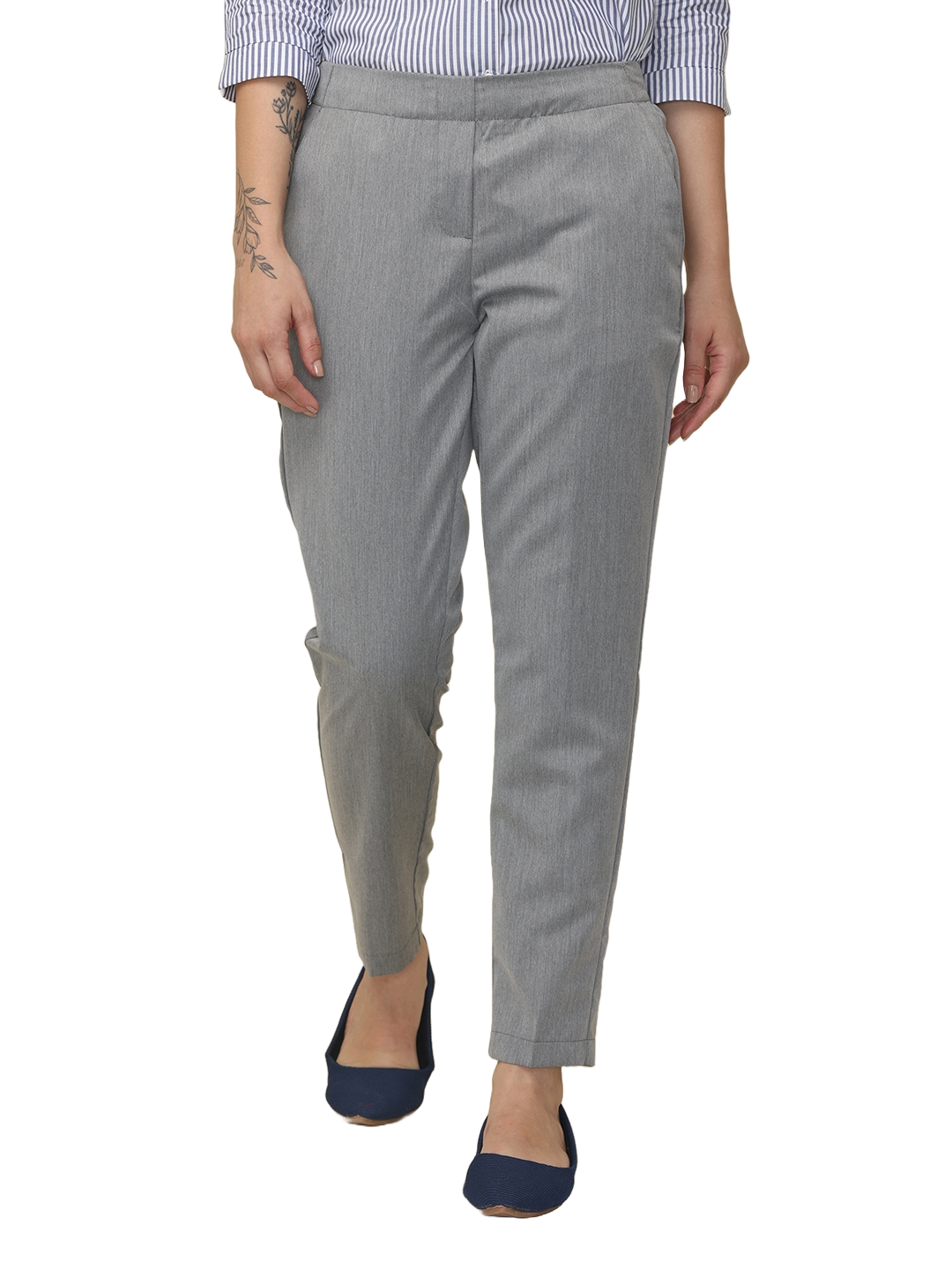 Women's Solid Grey Elasticated Slim Fit Formal Trouser
