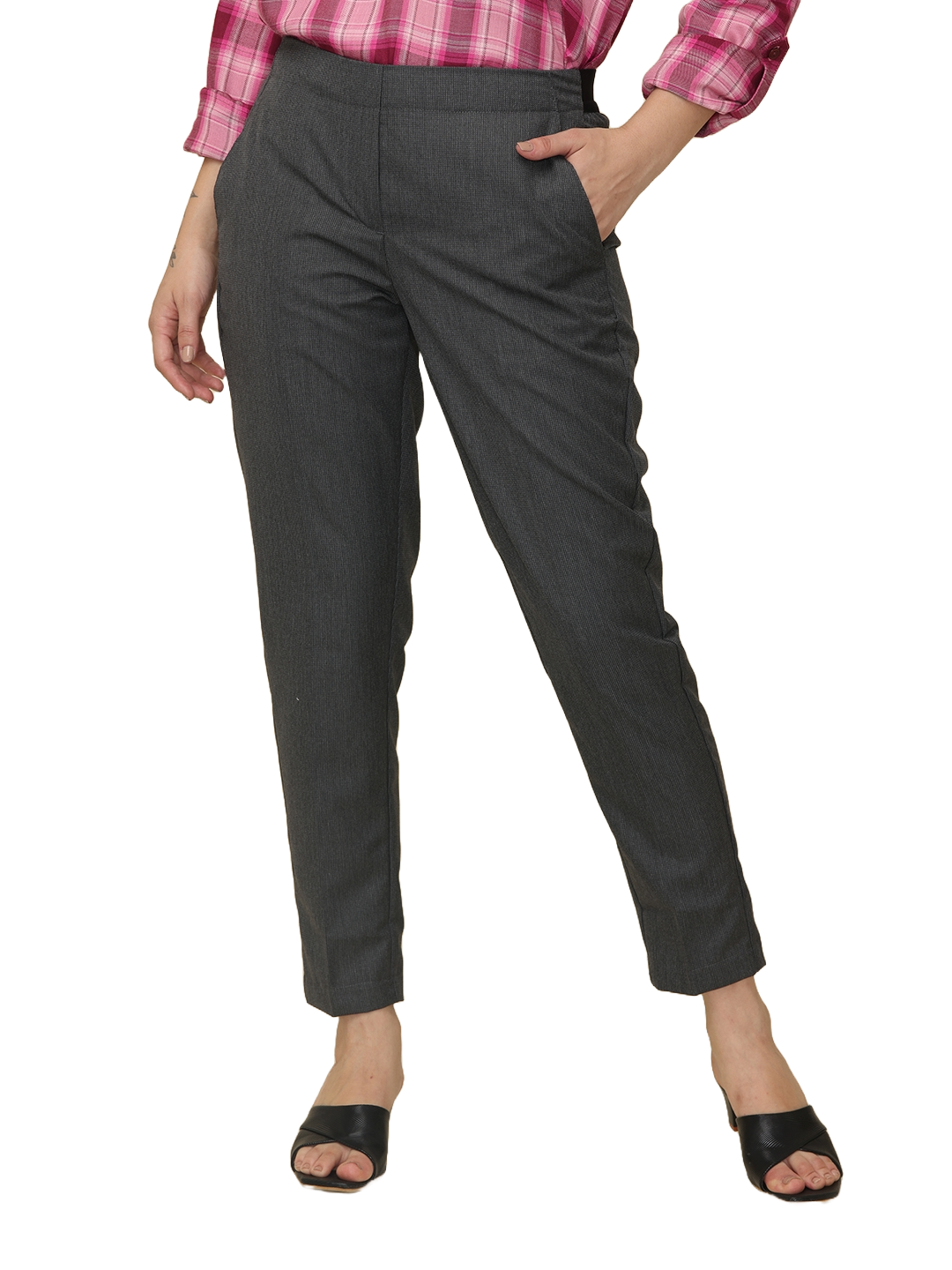 Women's Dark Grey Elasticated Slim Fit Formal Trouser