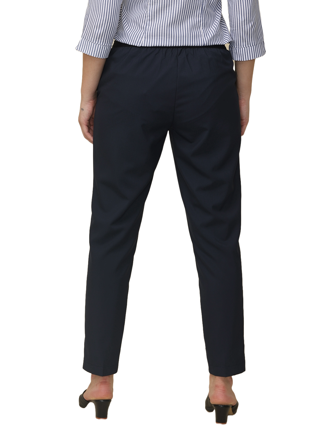 Women's Black Checked Elasticated Slim Fit Formal Trouser