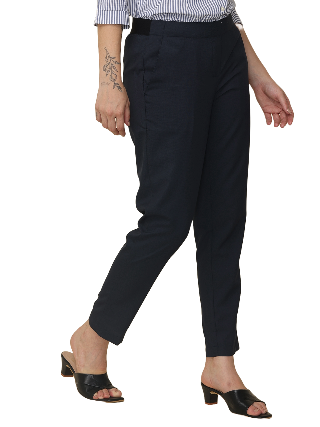 Women's Black Checked Elasticated Slim Fit Formal Trouser