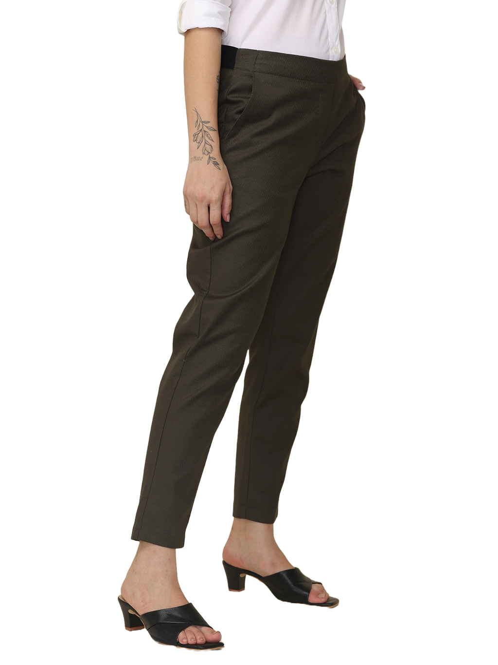 Women's Slim Fit Solid Elasticated Formal Trouser, Olive
